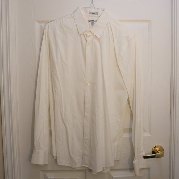 Express 1MX Men's Fitted Stretch Cotton Slim Solid Dress Shirt in White Large - Picture 2 of 4
